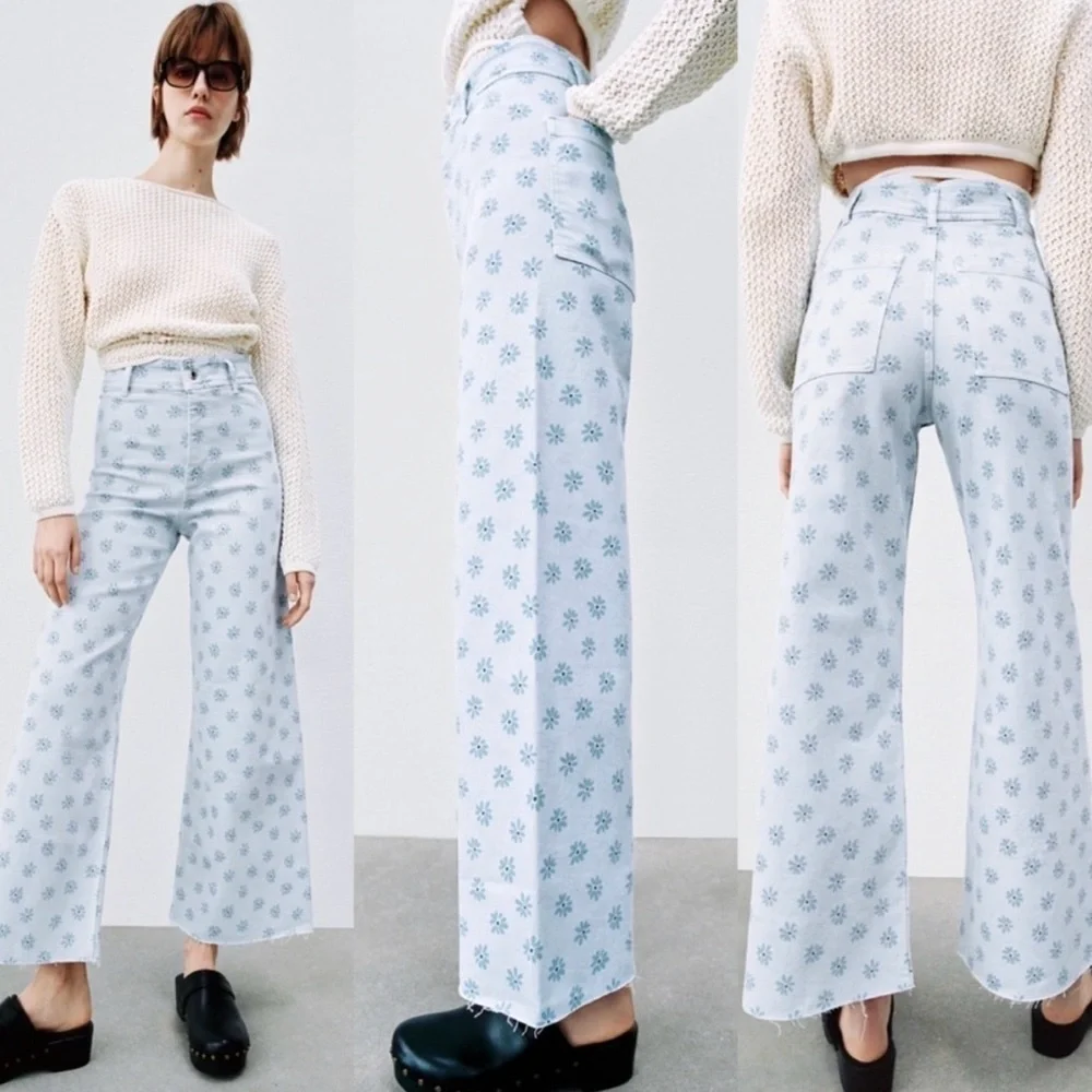 Zara Light Blue Marine Floral High Rise Jeans size 6 - Picture 7 of 10
